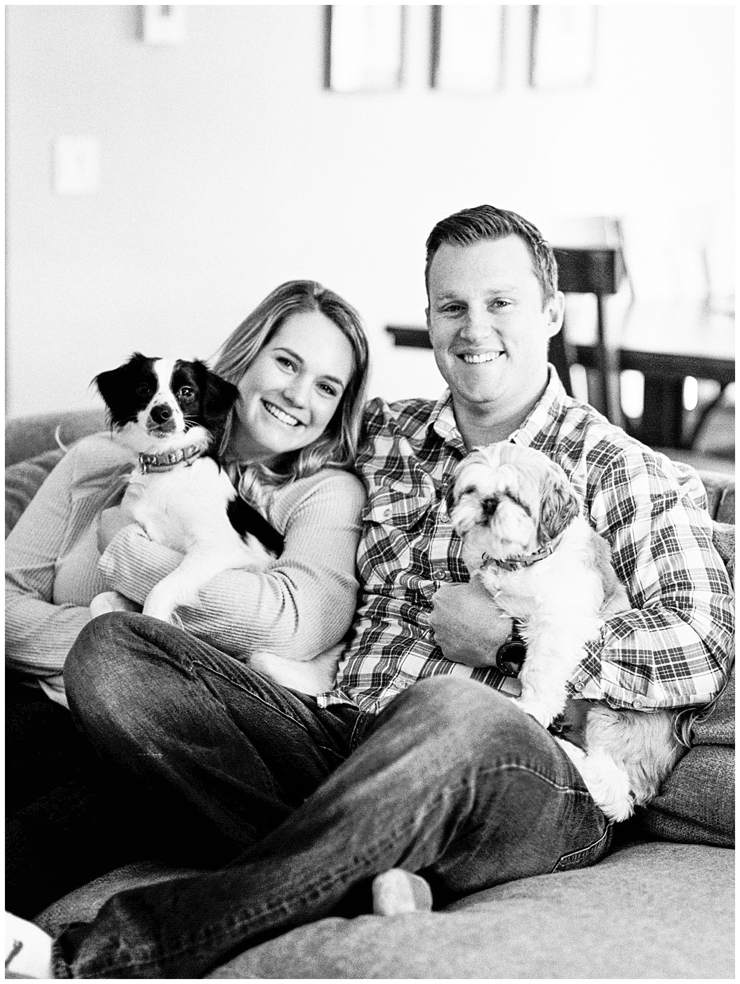 family image in black and white in petaluma california parents holding puppies
