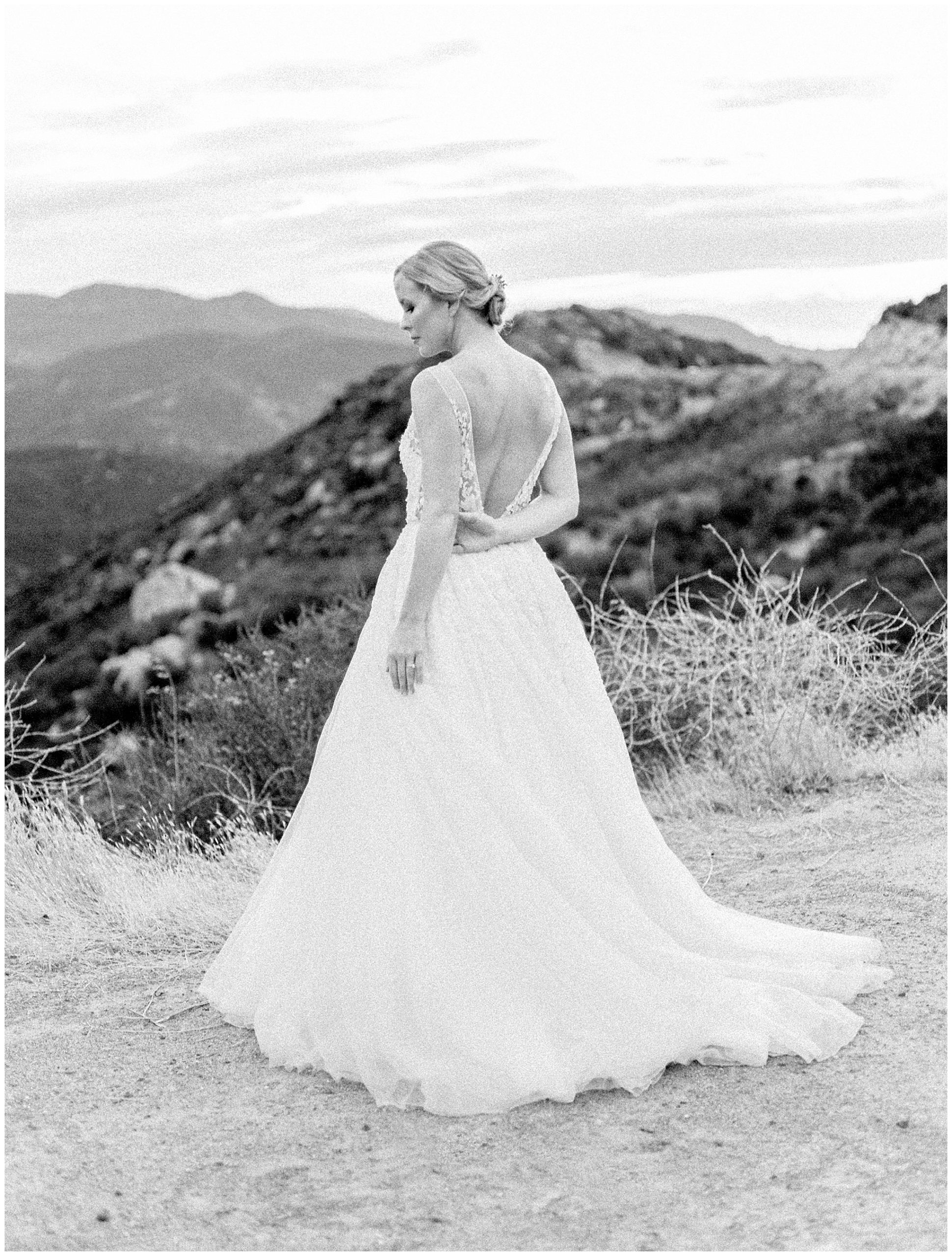 bridal image in black and white with her enaura bridal gown 